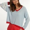 Discount River Woods Alpaca-wollen V-hals trui gestreepte mouw blauw/rood -