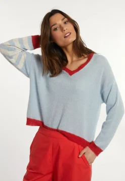 Discount River Woods Alpaca-wollen V-hals trui gestreepte mouw blauw/rood -