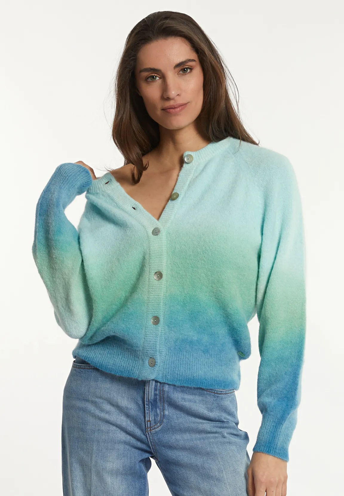 Hot River Woods Alpaca-zuivere scheerwol degradé trui groen/blauw -