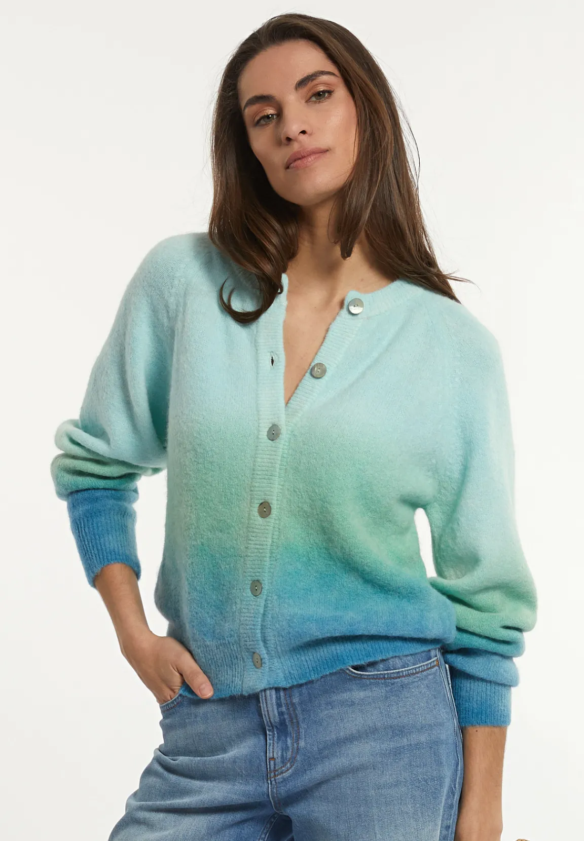Hot River Woods Alpaca-zuivere scheerwol degradé trui groen/blauw -