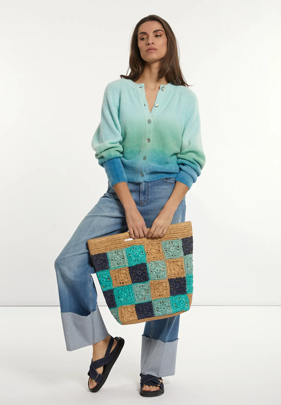 Hot River Woods Alpaca-zuivere scheerwol degradé trui groen/blauw -