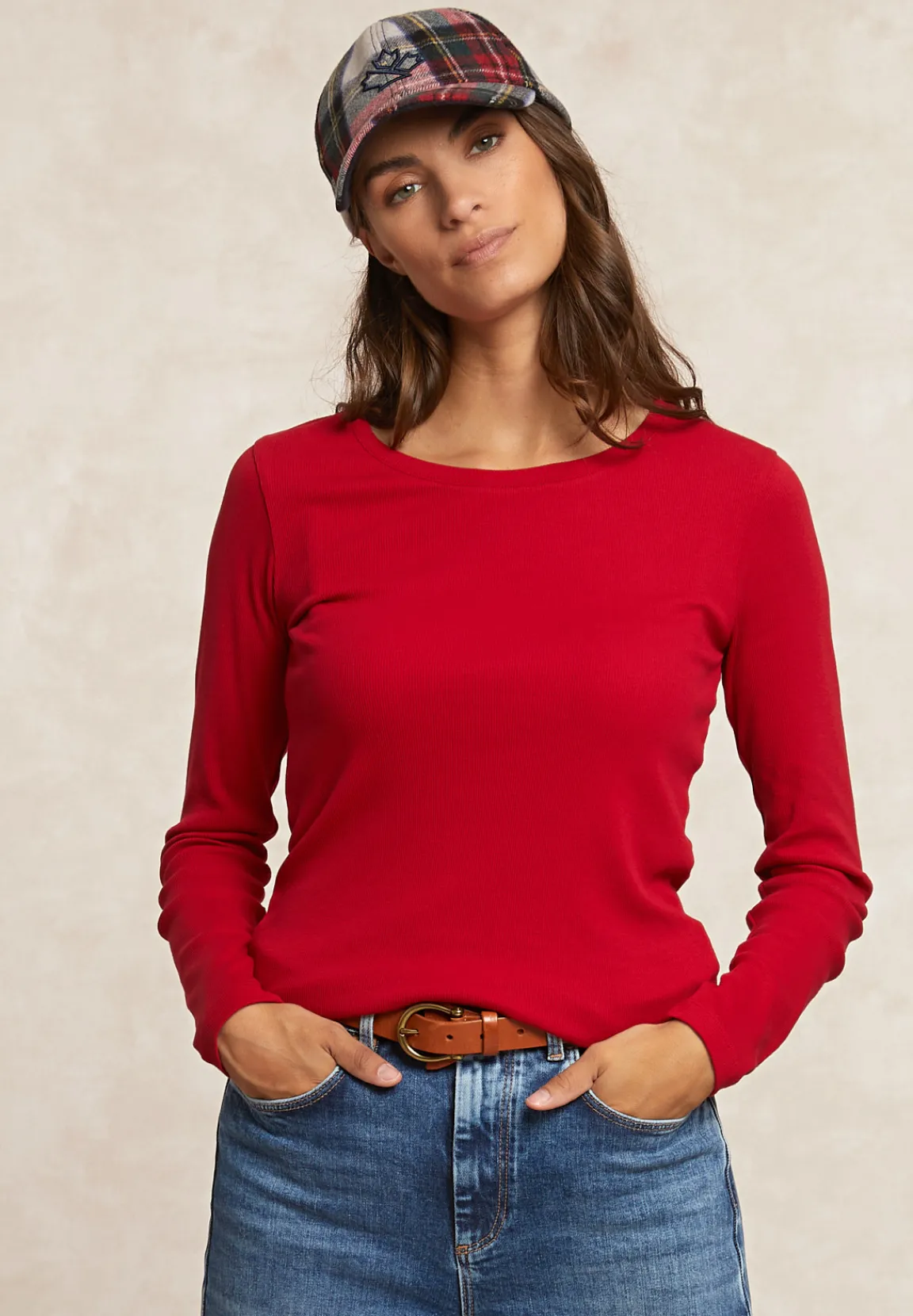 Outlet River Woods Basic geribde T-shirt ronde hals lange mouwen rood -