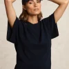Fashion River Woods Basic merinotrui ronde hals wijde mouwen navy -