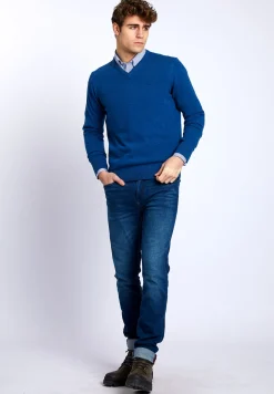 Sale River Woods Basic trui met V-hals in blauw -