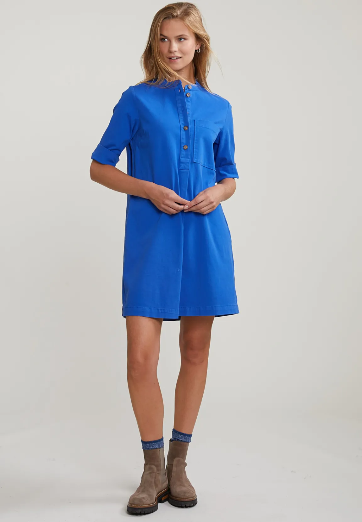 Hot River Woods Blauwe jurk opgestikte zak 3/4 mouwen -