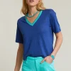 Clearance River Woods Blauwe linnen V-hals T-shirt korte mouwen -