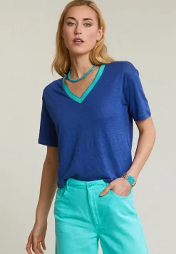 Clearance River Woods Blauwe linnen V-hals T-shirt korte mouwen -