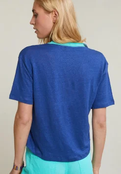 Clearance River Woods Blauwe linnen V-hals T-shirt korte mouwen -