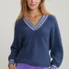 Hot River Woods Blauwe trui gestreepte V-hals -