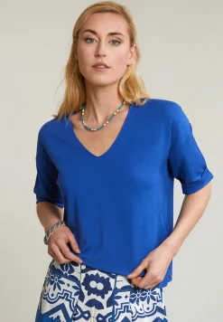 New River Woods Blauwe V-hals viscose trui korte mouwen -