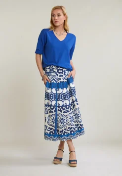 New River Woods Blauwe V-hals viscose trui korte mouwen -