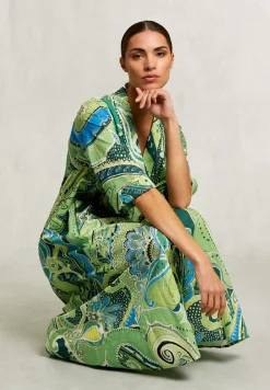Hot River Woods Blauw/groene fantasie V-hals jurk -
