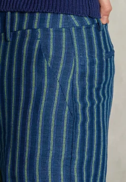 Hot River Woods Blauw/groene gestreepte linnen broek -