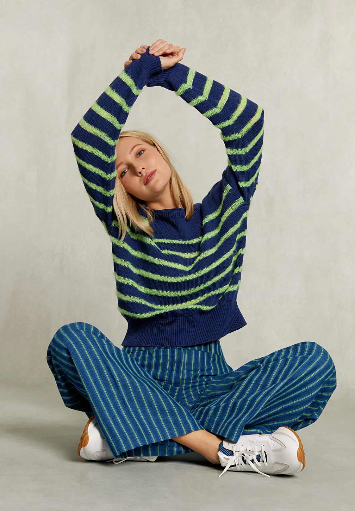 Hot River Woods Blauw/groene gestreepte linnen broek -