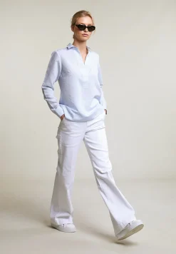 New River Woods Blauw/wit gestreepte V-hals blouse -