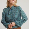 Hot River Woods Bruin/blauwe fantasie blouse kraag met ruches -