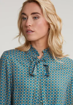 Hot River Woods Bruin/blauwe fantasie blouse kraag met ruches -