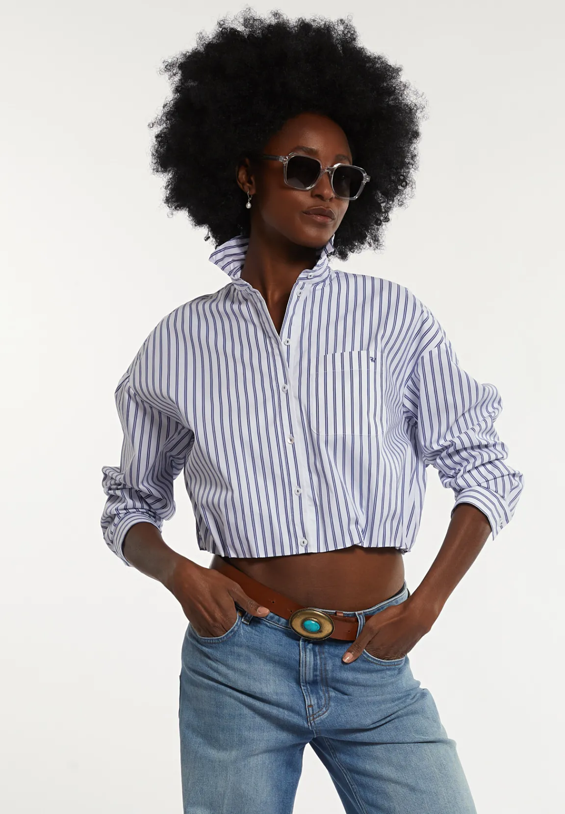 Clearance River Woods Cropped katoenen blouse elastische taille blauw/wit -