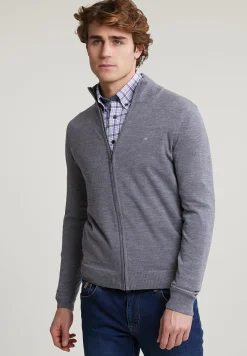 Online River Woods Custom fit basic merino cardigan met rits oxford mix -