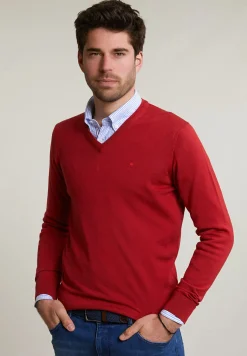 Discount River Woods Custom fit basic merino V-hals trui scarlet -