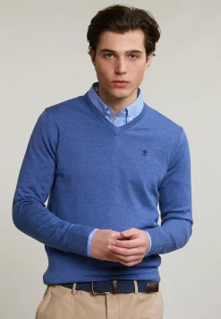 Discount River Woods Custom fit basic merino V-hals trui hamptons blue mix -