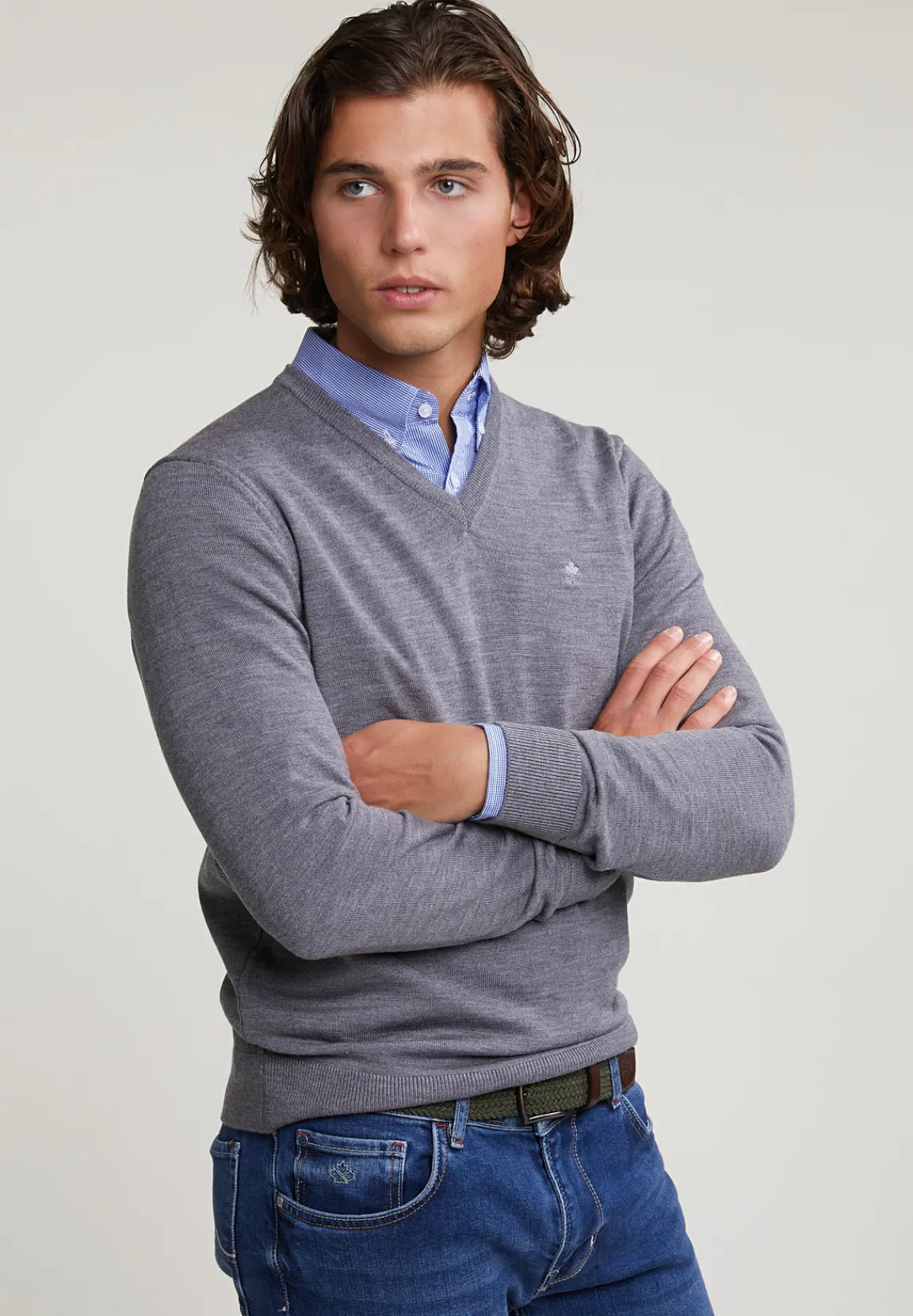 Clearance River Woods Custom fit basic merino V-hals trui oxford mix -