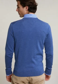 Discount River Woods Custom fit basic merino V-hals trui hamptons blue mix -