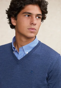 Online River Woods Custom fit basic merino V-hals trui oriental blue mix -
