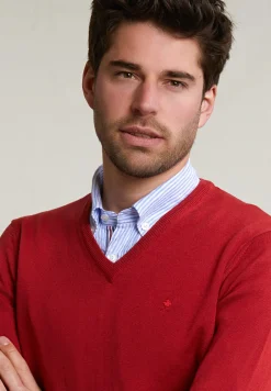 Discount River Woods Custom fit basic merino V-hals trui scarlet -