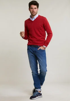 Discount River Woods Custom fit basic merino V-hals trui scarlet -