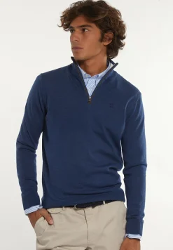 Fashion River Woods Custom fit basic merinotrui opstaande kraag mykonos blue mix -