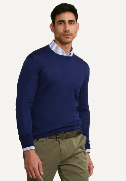Clearance River Woods Custom fit basic merinotrui ronde jals dk royal blue mix -