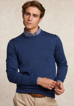 Discount River Woods Custom fit basic merinotrui ronde hals denim blue mix -