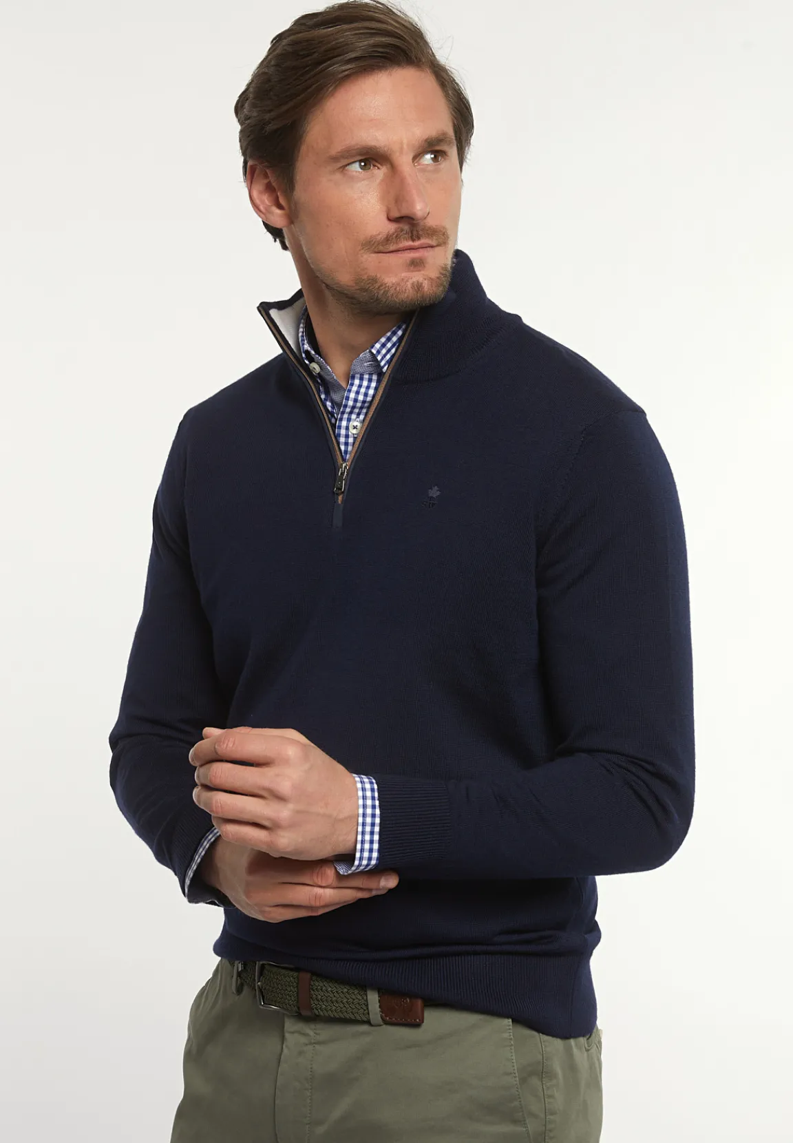 Discount River Woods Custom fit basic merinotrui opstaande kraag navy -