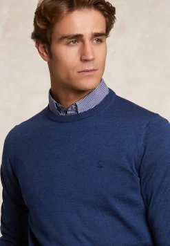 Discount River Woods Custom fit basic merinotrui ronde hals denim blue mix -