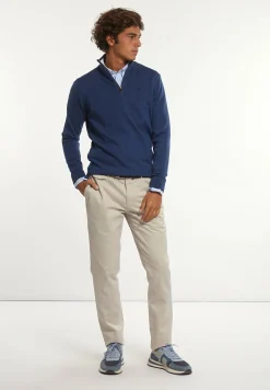 Fashion River Woods Custom fit basic merinotrui opstaande kraag mykonos blue mix -