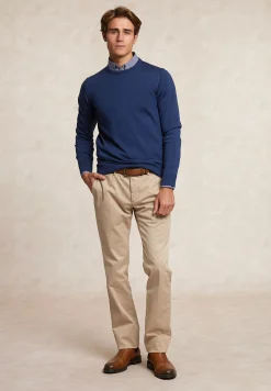 Discount River Woods Custom fit basic merinotrui ronde hals denim blue mix -