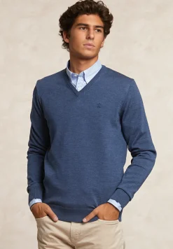Hot River Woods Custom fit basic V-hals merinotrui lt denim mix -