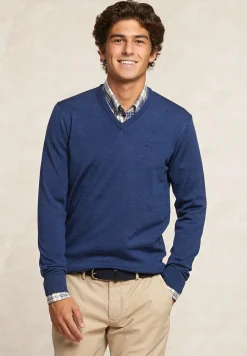 Outlet River Woods Custom fit basic V-hals merinotrui denim blue mix -