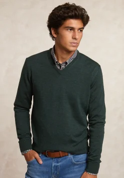 Best River Woods Custom fit basic V-hals merinotrui dk moss mix -