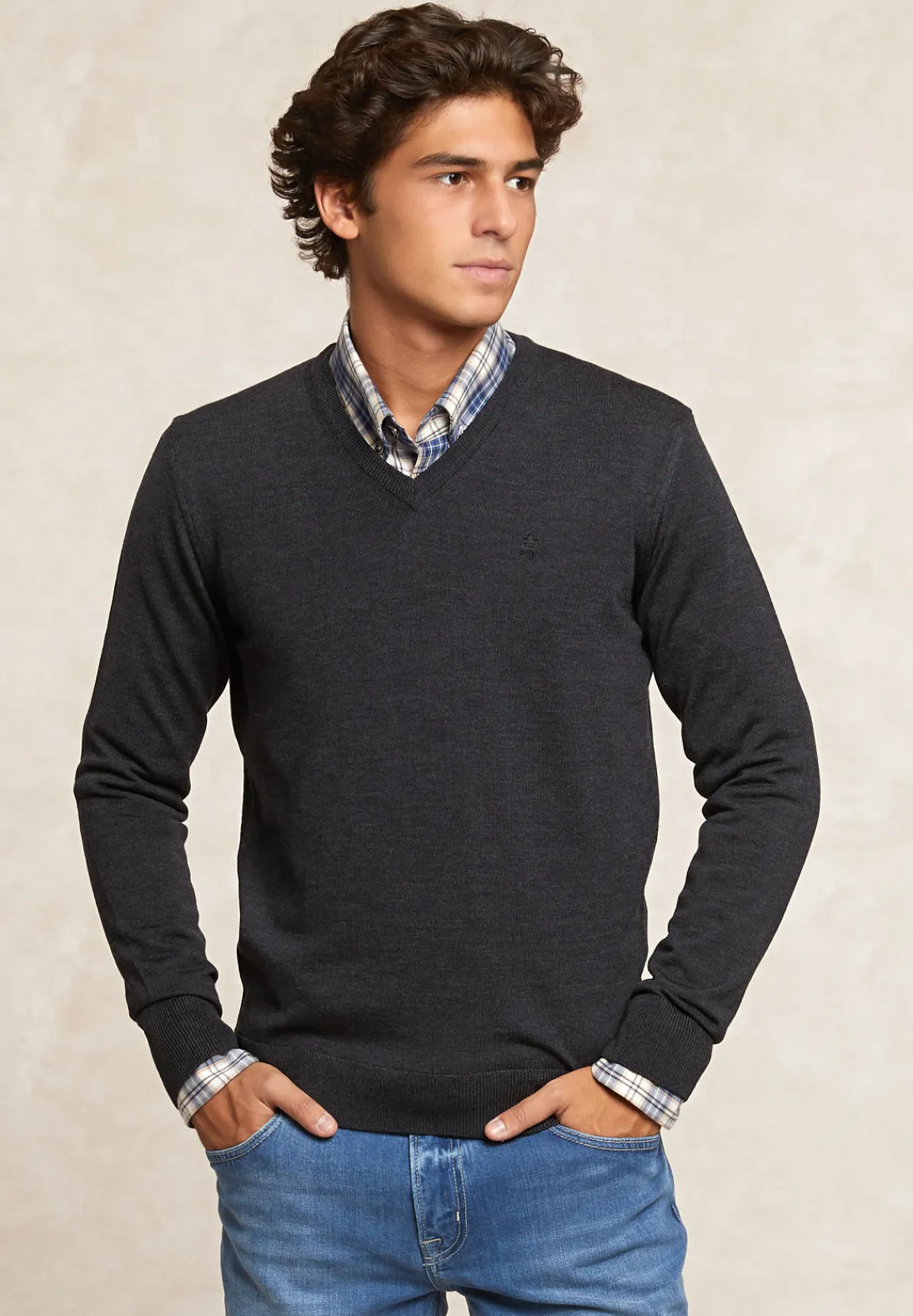 New River Woods Custom fit basic V-hals merinotrui charcoal mix -