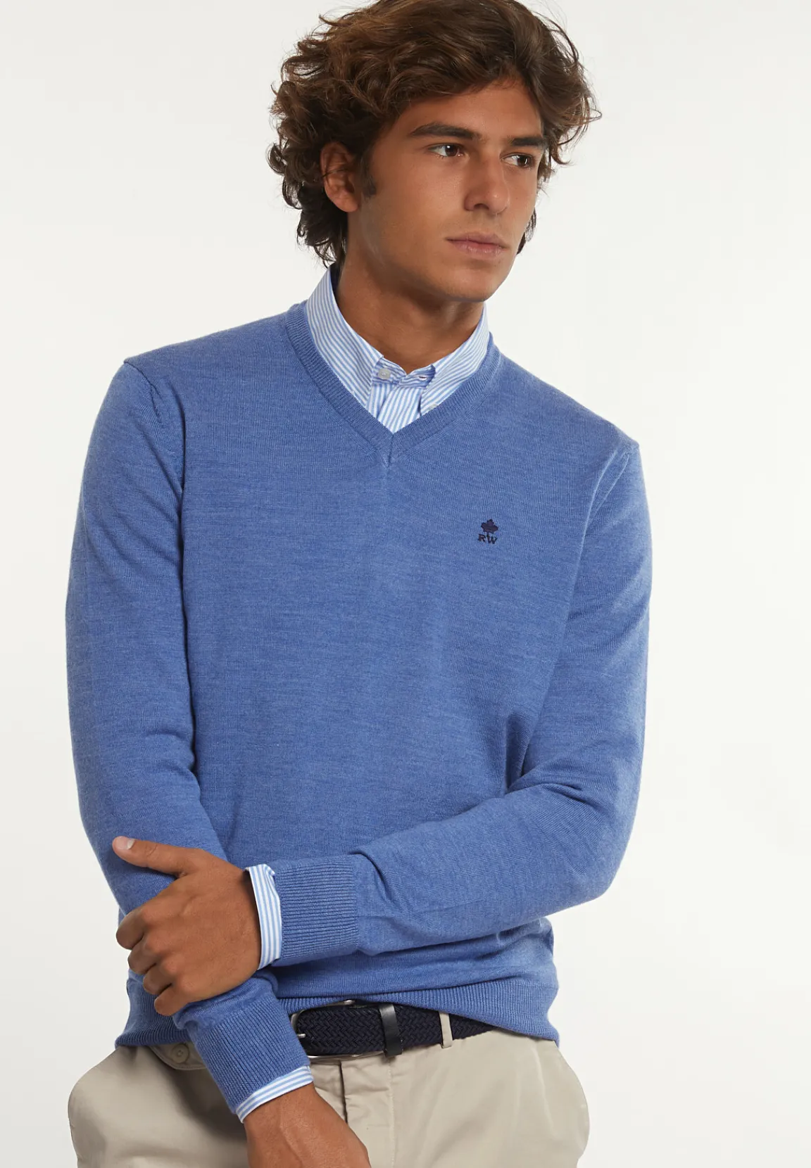 Sale River Woods Custom fit basic V-hals merinotrui persian blue mix -