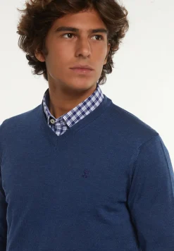 Sale River Woods Custom fit basic V-hals merinotrui mykonos blue mix -