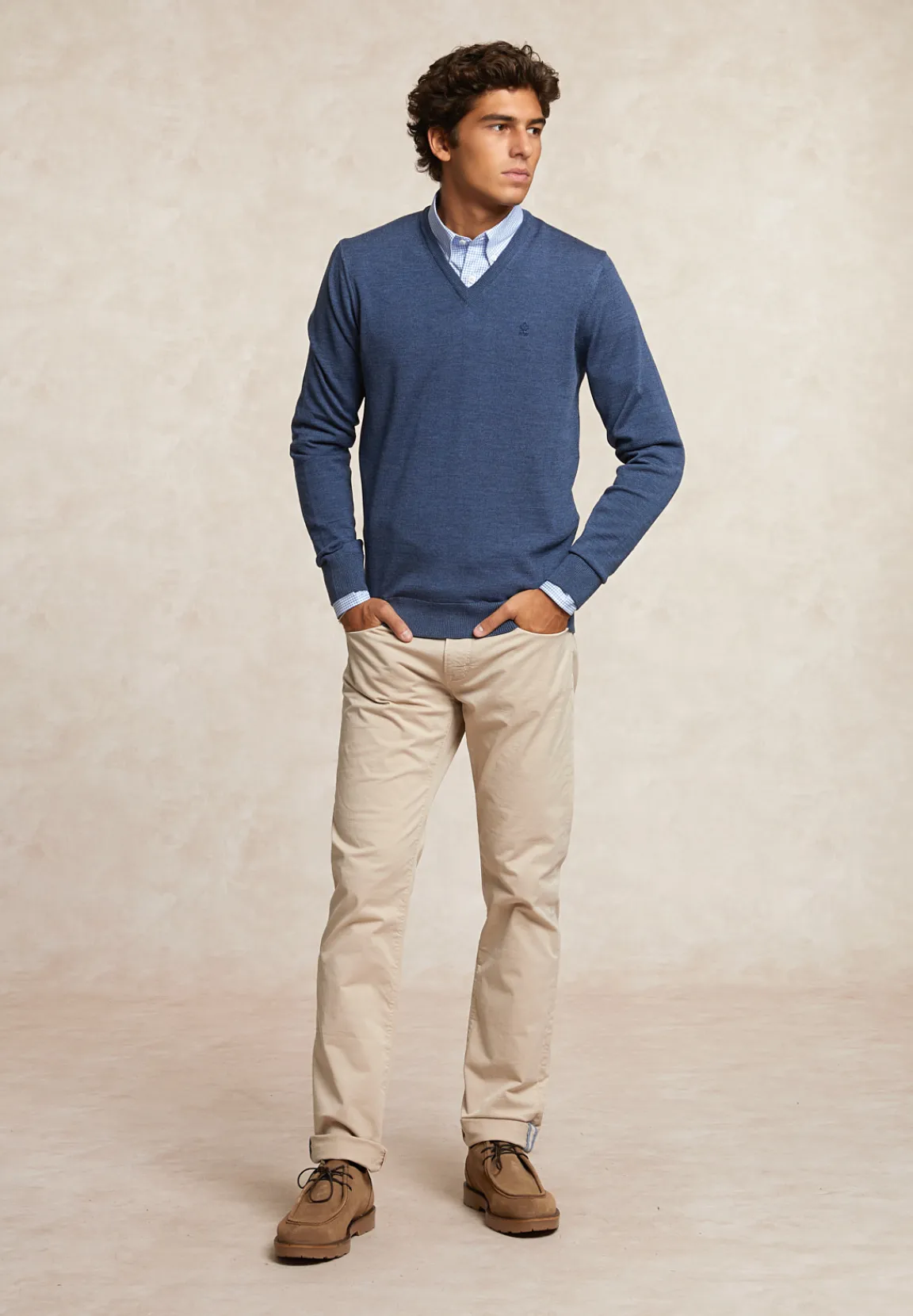 Hot River Woods Custom fit basic V-hals merinotrui lt denim mix -