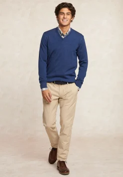 Outlet River Woods Custom fit basic V-hals merinotrui denim blue mix -