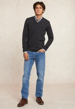 New River Woods Custom fit basic V-hals merinotrui charcoal mix -