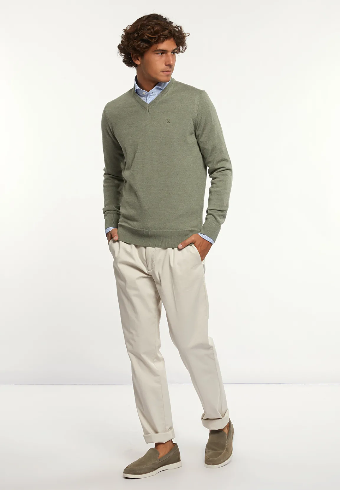 Sale River Woods Custom fit basic V-hals merinotrui jade mix -