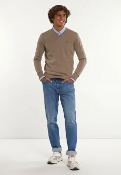 Sale River Woods Custom fit basic V-hals merinotrui earth mix -