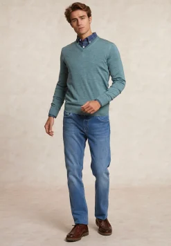 Fashion River Woods Custom fit basic V-hals merinotrui jade green mix -