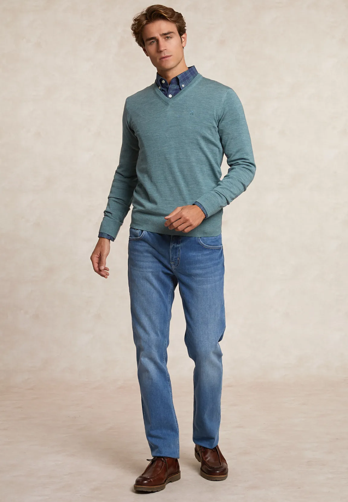 Fashion River Woods Custom fit basic V-hals merinotrui jade green mix -